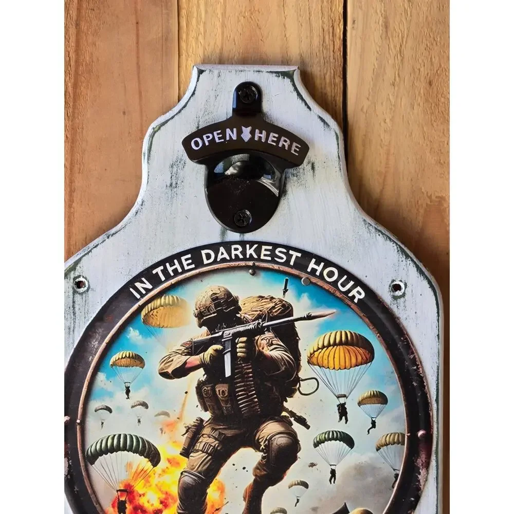 Paratrooper Military Wall Mount Plaque, Vintage Look, Wood, Bottle Opener, Hooks